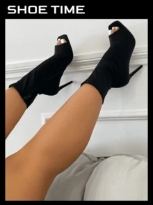 Women Square Peep Open Toe Ankle Booties - Black - View 1