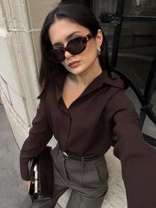 女士休闲宽松优雅长袖Polo衫，适合所有季节及通勤穿着，春季皆宜。 - 棕色 - 查看 4