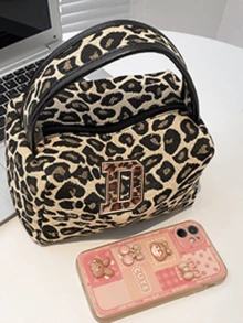 时尚豹纹化妆包/手提包，字母 A-Z 休闲洗漱包，性感豹纹设计，便携大容量收纳包，女士旅行收纳包，适合度假、健身、海滩、日常使用、学校、办公室，也是女士旅行的理想之选，生日圣诞节礼物佳选。 - 彩色 - 查看 3