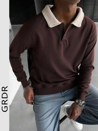 GRDR 1 件男士休闲羊羔绒领纽扣复古套头衫，秋冬