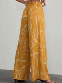 Women's Printed Wide-Leg Pants With Belt For Vacation - Sizes S, M, L - quả cam - Xem 3