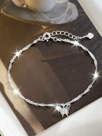 1 pieza Pulsera con colgante de mariposa brillante de plata de ley 925, adecuada para combinar con atuendos diarios de mujer