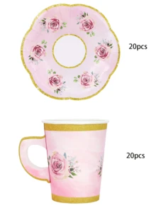 Bộ đồ dùng tiệc trà hoa hồng nhạt 10 món/40 món gồm tách trà hoa có tay cầm, đĩa giấy hoa dùng một lần và bộ đĩa lót hoa cho tiệc ngoài trời, sinh nhật, đám cưới. - Loại A - Xem 9