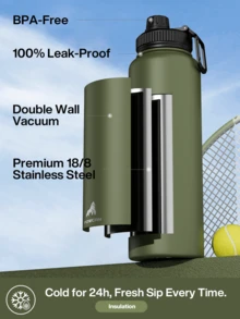 Bình nước thể thao cách nhiệt bằng thép không gỉ 18/26/40oz có nắp ống hút và tay cầm, miệng rộng, hai lớp cách nhiệt chân không, chống rò rỉ, giữ nóng 12 giờ, giữ lạnh 24 giờ. - 40oz xanh - Xem 4