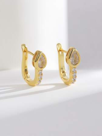 Charm-In 1 Pair Fashionable & Elegant 18K Gold Plated Brass Geometric Zirconia Stone Women's Earrings, Gift For Valentine's Day, Mother's Day