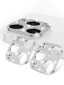2 pezzi Protezione lente con decorazione di strass compatibile con 15/15Pro/15Plus/15Promax, regalo per compleanni, famiglia, amici, cristallo scintillante, protezione lente, accessori per telefono, impermeabile, antiurto, anti-caduta, anti-graffio, anti-impronta digitale, copertura completa - Argento - Visualizzare 15