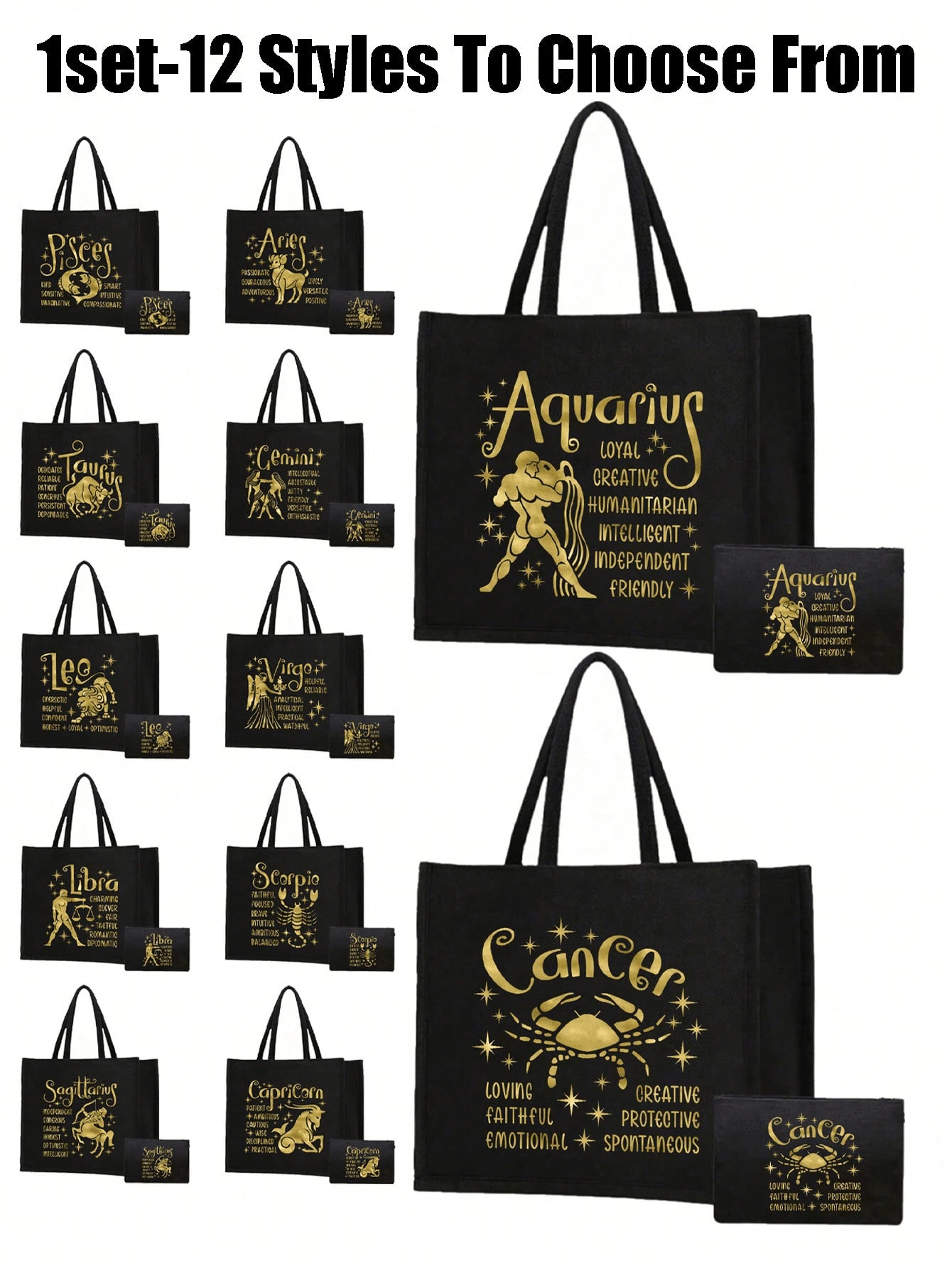 金色图案手提袋和小包,饰有十二星座图案,星座图案,黑色亚麻手提袋,包含一个黑色手提袋和一个小包/零钱包,个性化礼品套装,大小包组合,圣诞节、感恩节、复活节礼物 - 彩色 - 查看 1