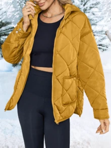 Womens Winter Quilted Puffer Jacket Hooded Long Sleeve Zip Up Winter Coat Lightweight Warm Jackets With Pockets - Yellow - View 5