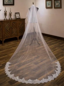 1pc 3.6m Bride Wedding Veil, Romantic Lace Trim Long Bridal Veil With Sequins, Suitable For Wedding, Travel, Photography - Beige - View 6