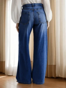 Denim Vintage Desgastado de Perna Larga, Calça Denim Feminina de Cintura Alta com Ajuste Relaxado e Elástico - Azul Royal - Visão 5