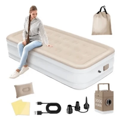 Colchões infláveis ​​de solteiro/casal feitos de material Dura Tech, equipados com bomba de bateria de lítio USB de 12V, travesseiro, kit de reparo e bolsa de armazenamento.