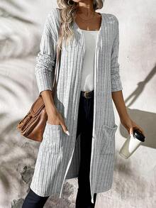 Women's Light Gray Ribbed Knit Cardigan, Mid-Length With Pockets, Casual Layering Outerwear For Spring & Summer | Women Tops, Spring Clothes For Women, Office & Daily Outfit - Grey - View 2
