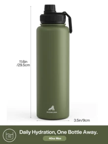 Bình nước thể thao cách nhiệt bằng thép không gỉ 18/26/40oz có nắp ống hút và tay cầm, miệng rộng, hai lớp cách nhiệt chân không, chống rò rỉ, giữ nóng 12 giờ, giữ lạnh 24 giờ. - 40oz xanh - Xem 7