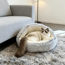 柔软封闭式猫窝带帽宠物洞穴 - 舒适毛绒外壳设计，适合猫咪和小狗 - 彩色 - 查看 2