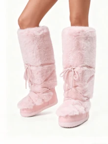 Women's Faux Fur Knee High Boots  Fuzzy Fluffy Furry Snow Boots Round Toe With Lace-Up Design Cute Warm Suitable For Christmas Halloween And Winter - Pink 1 - View 7