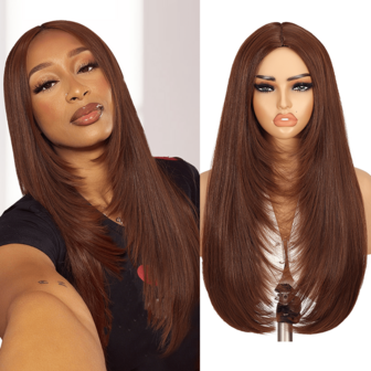 Peluca recta y larga con capas de fibra resistente al calor de alta densidad, sin encaje, de color cobre/jengibre, de 26 pulgadas de largo, con raya al medio y sin flequillo, lista para usar sin pegamento para uso diario o de fiesta