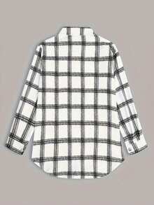 Blusa casual de manga larga a cuadros con dobladillo regular y material sin estiramiento - Blanco - Ver 3