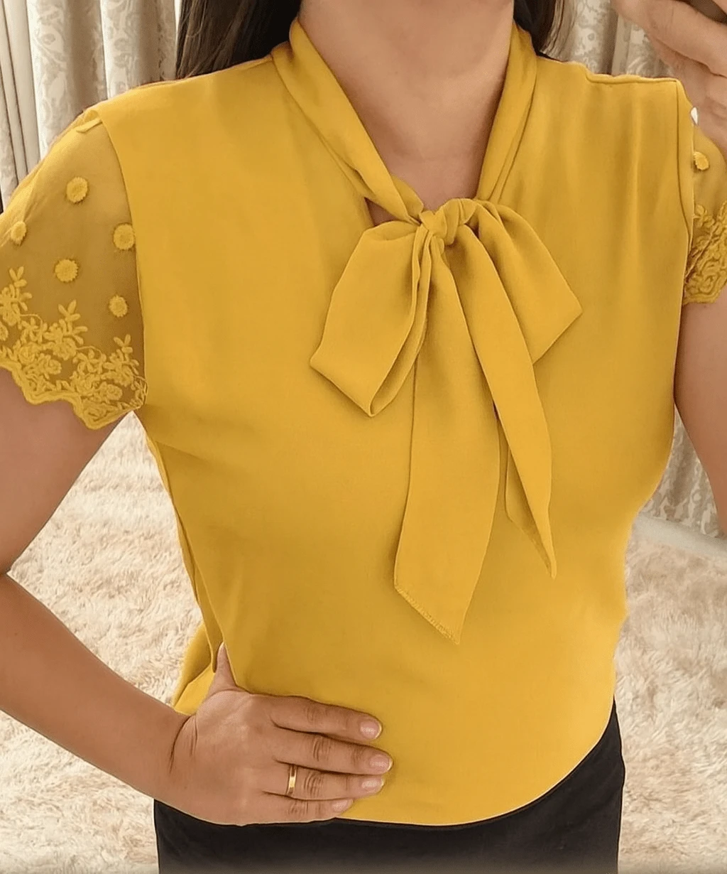 Blouse/Shirt Short Sleeve Lace Dress Evangelical Fashion Romantic Bow Tie Elegant Work Party Conference Tie - 芥末黃 - 查看 1