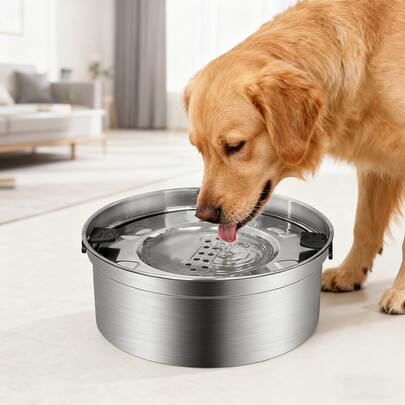 1.2升/3.2升不锈钢宠物饮水碗，带浮盘，防溢慢饮设计，适用于猫狗，车载家用皆宜。