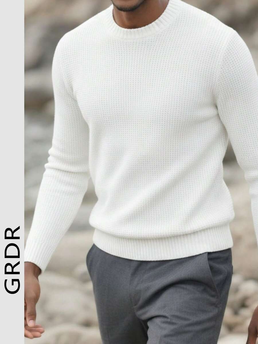 GRDR Maglione girocollo vintage in jacquard a 7 punti, pullover casual a maniche lunghe, lavorato a maglia, spesso e caldo per uomo - Bianco - Visualizzare 1