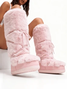 Women's Faux Fur Knee High Boots  Fuzzy Fluffy Furry Snow Boots Round Toe With Lace-Up Design Cute Warm Suitable For Christmas Halloween And Winter - Pink 1 - View 5