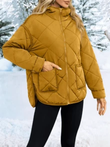 Womens Winter Quilted Puffer Jacket Hooded Long Sleeve Zip Up Winter Coat Lightweight Warm Jackets With Pockets - Yellow - View 4