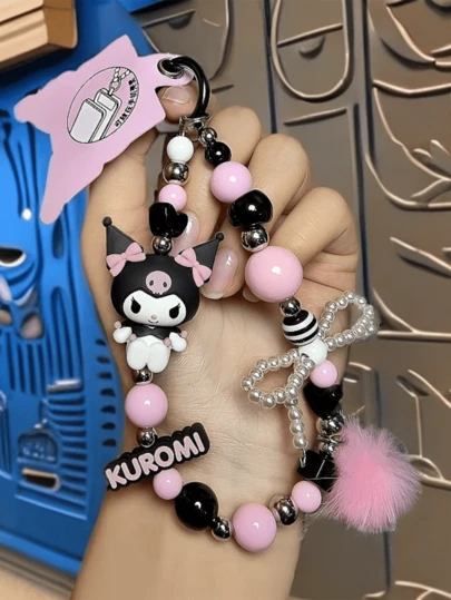 Sanrio Kuromi Beaded Keychain – Adorable 3D Cartoon PVC & Beads Key Ring for Bags, Backpacks, Car Keys or Purses, Cute Pink-Black Beaded Design with Anti-Counterfeit Label, Durable and Stylish Kawaii Accessory for Teens, Outday, Kultures, Fanrios, forset, 植物, s刑. Holiday, Christmas or Special Occasion Gift
