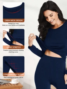 Women's Round Neck Velvet Navy Blue Thermal Lingerie Set Winter Pajama Set For Cold Weather, Outdoor Sports, Cold Protection, Warm Bottom, Home Comfort, Stretch Fabric Pajamas, Autumn And Winter Gifts - Navy Blue - View 6