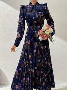 花卉印花系带长裙，领口饰有荷叶边，优雅长袖褶裥A字摆长裙，女装春季款 - 藍色 - 查看 1