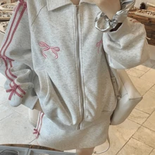 UREREM Bộ 2 áo khoác cardigan dáng rộng, có khóa kéo, trang trí nơ màu xám nhạt và hồng dành cho nữ, vải dệt kim 230g - Nhiều màu - Xem 6