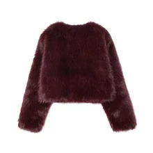 Seelio Autumn/Winter New Women's French Fashion Minimalist Versatile Round Neck Long Sleeve Faux Fur Effect Short Jacket Coat - Burgundy - View 2