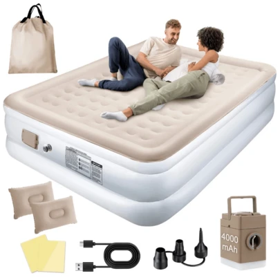 Colchões infláveis ​​de solteiro/casal feitos de material Dura Tech, equipados com bomba de bateria de lítio USB de 12V, travesseiro, kit de reparo e bolsa de armazenamento.