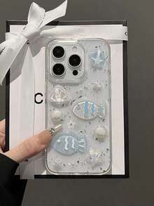 Cute Three-Dimensional Small Fish And Shell Drop Glue Decorative Phone Case Compatible 16 Pro Max/15/14/13/12/11 Waterproof Shockproof Anti-Fall Scratch Resistant