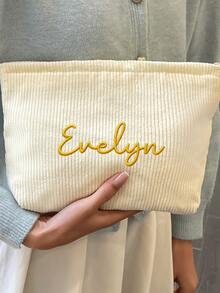 Customized Embroidered Corduroy Makeup Bag, Personalized Text Name Storage Bag, Simple Large Capacity Zipper Design Storage Bag, Lipstick Makeup Pouch, Item Storage Bag, Gift For Friends, Girlfriend, Best Friend, Birthday Gift, Christmas Gift, Customized Christmas Gift - Multicolor - View 4