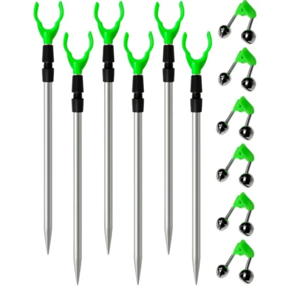 12件套鱼竿支架套装，6个鱼竿支架+6个报警铃，可调节伸缩式地面鱼竿支架套装，钓鱼配件，户外钓鱼必备品