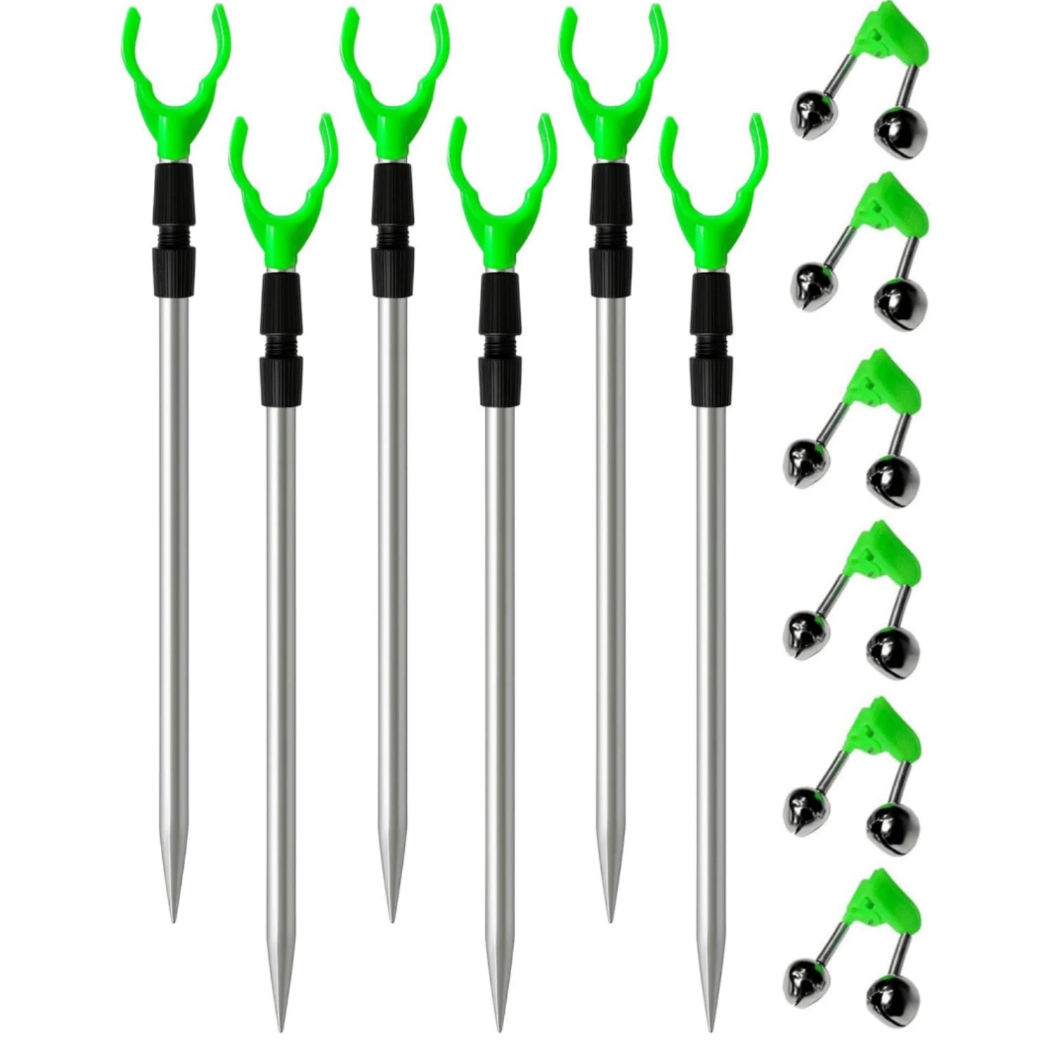 12pcs Fishing Rod Holder Set, 6pcs Rod Holders + 6pcs Alarm Bells, Adjustable Telescopic Ground Fishing Rod Holder Kit, Fishing Accessories, Outdoor Fishing Essentials - Multicolor - View 1