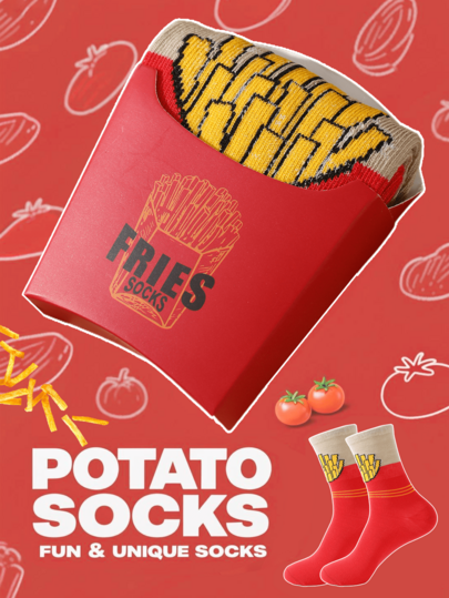 1 Pair Novelty Multi-Color French Fries Mid-Calf Socks Gift Box, 2025 Autumn/Winter New Unisex Sports Socks, Imaginative Food-Inspired Design, Knitted Fabric, Long & Thick Soft & Comfortable, Perfect Gift For Easter, Birthday, Thanksgiving, Halloween, Christmas, Carnival, Valentine's Day, Family Gathering, Party