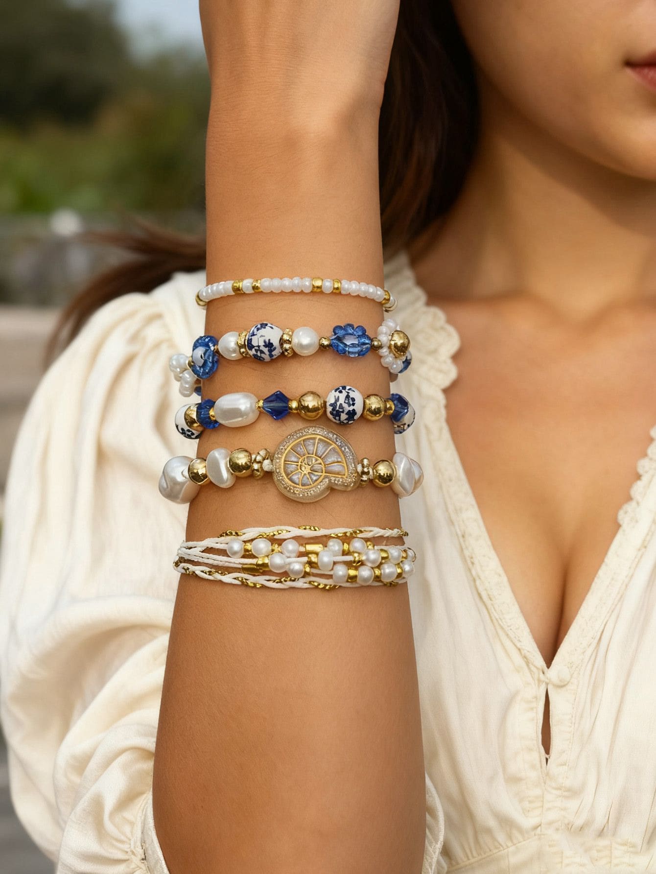 5pcs/Set Elegant Floral Porcelain Faux Pearl Glass Beaded Handmade Adjustable Bracelet Set, Suitable For Daily, Casual Wear, Holiday Gift