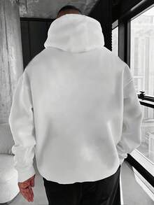 Moletom masculino casual minimalista de cor sólida com bolso canguru e cordão, ideal para o dia a dia, outono/inverno. - Branco - Ver 2