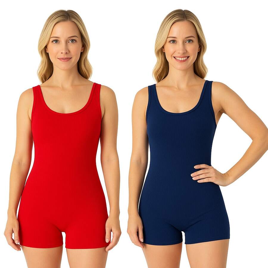 Set Of 2 Plain Fitness Jumpsuits For Gym/Workout - Short Spandex - Preto e vermelho - 查看 1