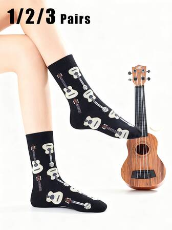 1/2/3 Pairs Men's Mid-Calf Socks With Stylish Guitar Pattern, Warm And Comfortable, Fashionable And Popular, Suitable For All Seasons, Autumn/Winter