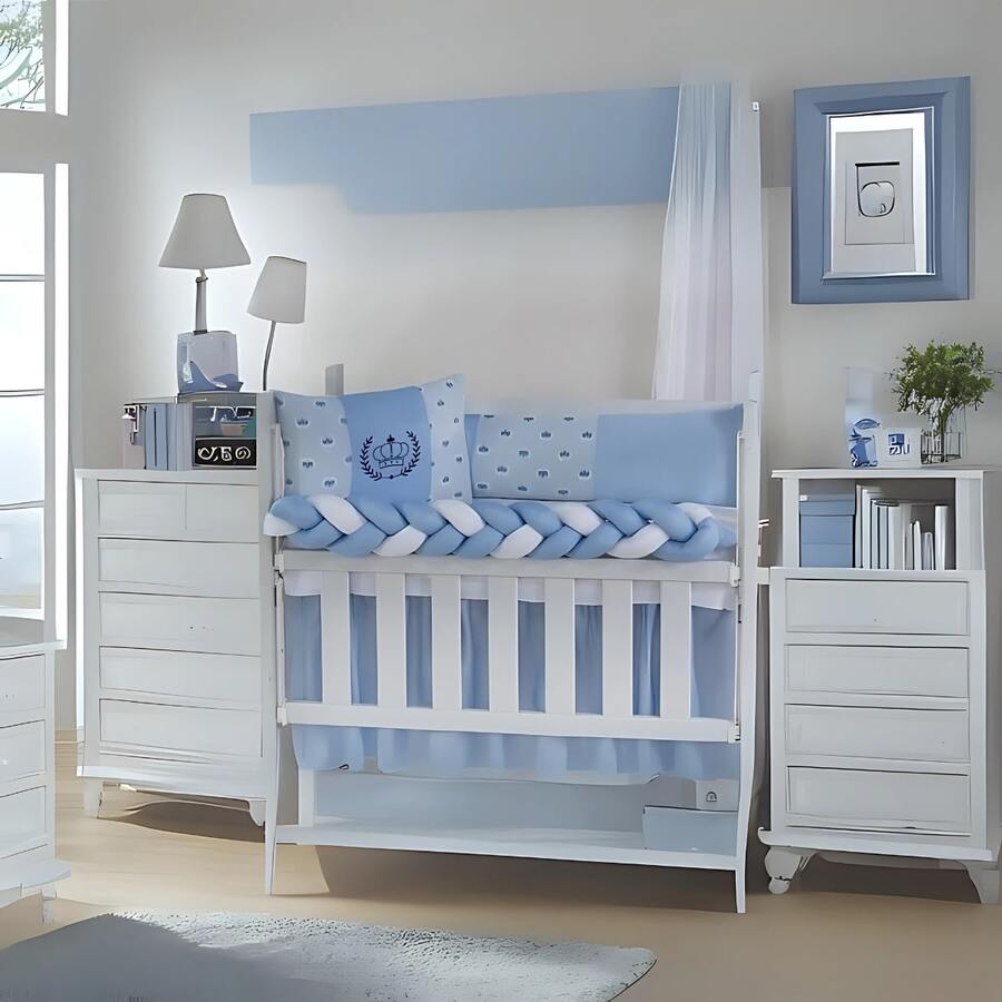 Classic Mini Crib Kit For Girls And Boys, 6 Pieces With Complete Printed Skirt - 藍冠 - 查看 1