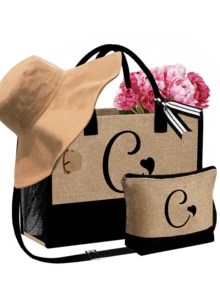 Set de 3 piezas: Bolso de playa con asa de hombro, sombrero de playa y bolsa de cosméticos, personalizable con inicial A-Z, de gran capacidad. Ideal para amantes de la moda que les gustan los artículos personalizados, perfecto para compras, vacaciones en la playa, salidas casuales, agregando un toque de estilo personalizado a tus accesorios. Este bolso de playa también se puede usar como bolsa de lavandería, monedero o estuche de lápices, y es una excelente opción de regalo para días festivos. - Multicolor - Ver 16