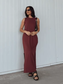Women's Cotton Blogger Dress, Long, Sleeveless, Comfortable - 咖啡棕 - 查看 1