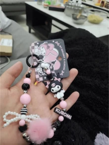 Sanrio Kuromi Beaded Keychain – Adorable 3D Cartoon PVC & Beads Key Ring for Bags, Backpacks, Car Keys or Purses, Cute Pink-Black Beaded Design with Anti-Counterfeit Label, Durable and Stylish Kawaii Accessory for Teens, Outday, Kultures, Fanrios, forset, 植物, s刑. Holiday, Christmas or Special Occasion Gift - 灰粉珠鏈庫洛米 - 查看 8
