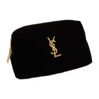 Yves Saint Laurent Black Velvet Makeup Pouch, Plush Velvet Cosmetic Bag With Gold Embroidered Logo And Detachable Chain Strap, Luxury Zippered Beauty Case