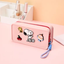 Miniso Snoopy Rectangular Makeup Bag, Silicone Cosmetic Pouch With Zipper, Cute Peanuts Travel Toiletry Bag For Women - Baby Pink - View 2
