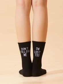 Slogan Graphic Crew Socks - Black - View 6
