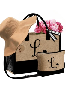 Set de 3 piezas: Bolso de playa con asa de hombro, sombrero de playa y bolsa de cosméticos, personalizable con inicial A-Z, de gran capacidad. Ideal para amantes de la moda que les gustan los artículos personalizados, perfecto para compras, vacaciones en la playa, salidas casuales, agregando un toque de estilo personalizado a tus accesorios. Este bolso de playa también se puede usar como bolsa de lavandería, monedero o estuche de lápices, y es una excelente opción de regalo para días festivos. - Multicolor - Ver 20