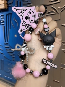 Sanrio Kuromi Beaded Keychain – Adorable 3D Cartoon PVC & Beads Key Ring for Bags, Backpacks, Car Keys or Purses, Cute Pink-Black Beaded Design with Anti-Counterfeit Label, Durable and Stylish Kawaii Accessory for Teens, Outday, Kultures, Fanrios, forset, 植物, s刑. Holiday, Christmas or Special Occasion Gift - 灰粉珠鏈庫洛米 - 查看 5